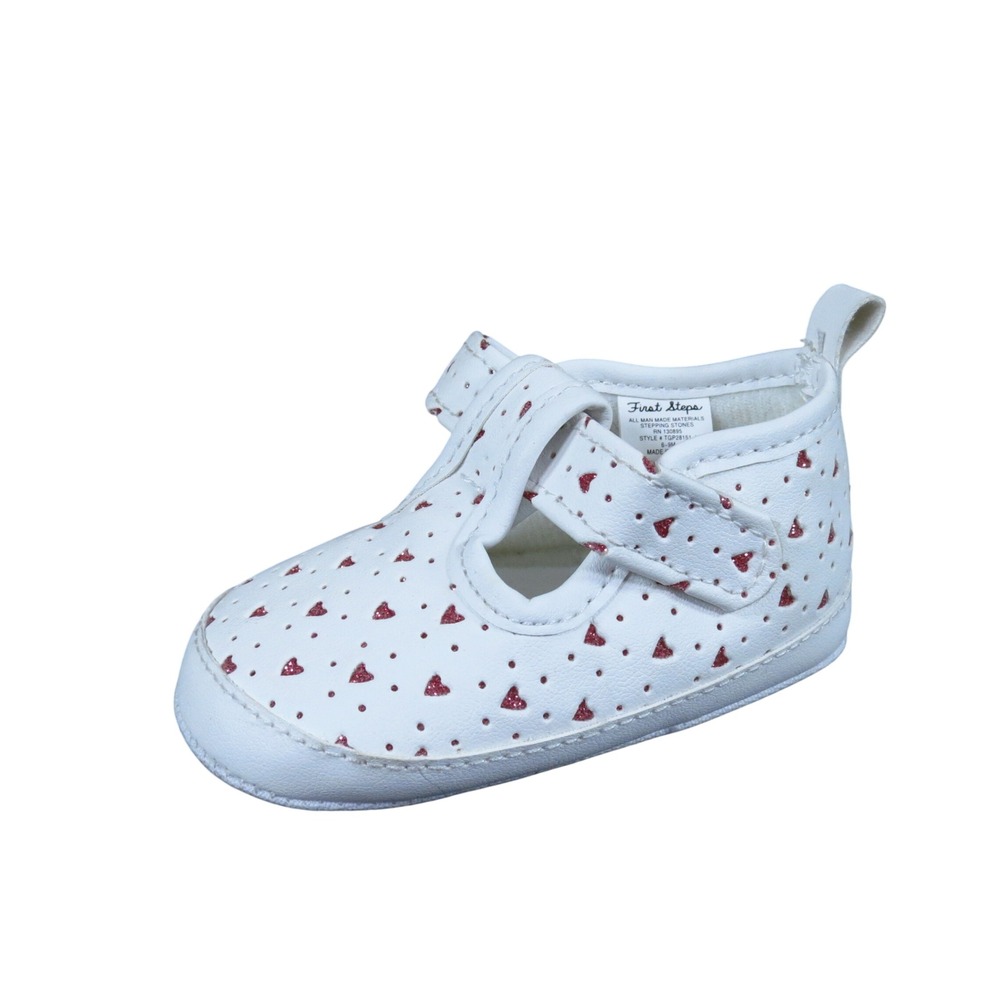 First Steps Stepping Stones Baby Girls Crib Shoe Sz 6-9M Walking White Red Heart